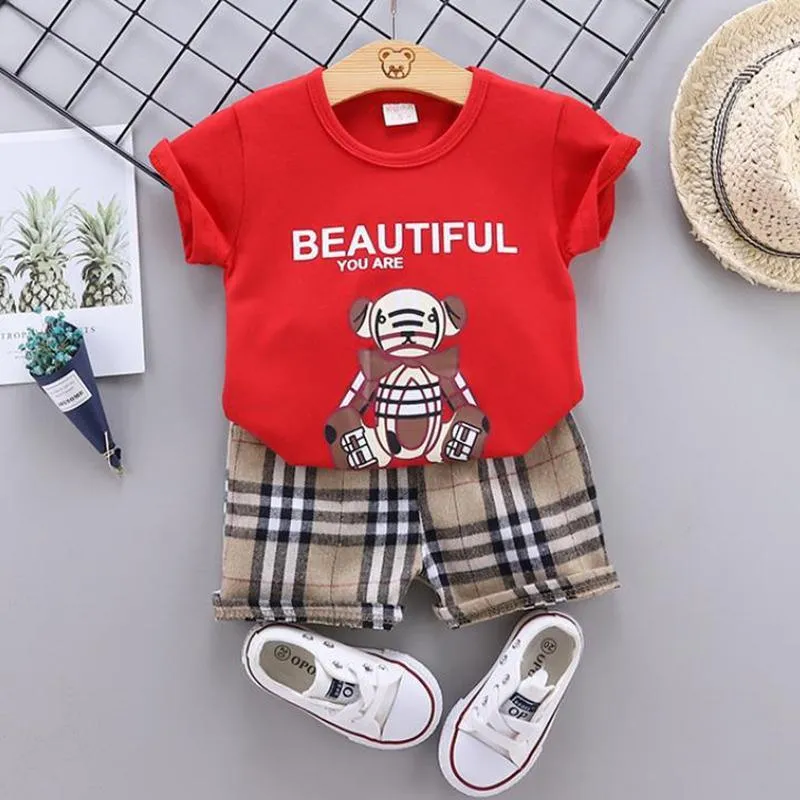 2-piece Bear Pattern T-shirt & Plaid Shorts for Toddler Boy Wholesale Children's Clothing