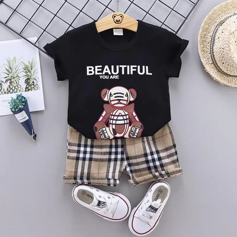 2-piece Bear Pattern T-shirt & Plaid Shorts for Toddler Boy Wholesale Children's Clothing