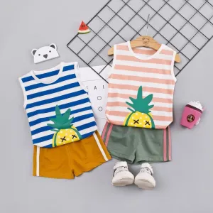 2-piece Cartoon Design Striped Vest & Shorts for Children Boy