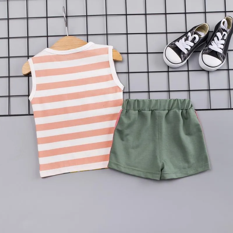 2-piece Cartoon Design Striped Vest & Shorts for Children Boy