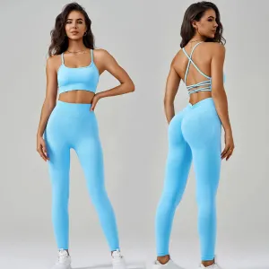 2 Piece Seamless Yoga Set Women Sports Outfit Crisscross Back Bra Fitness Suit High Waist Leggings Running Workout Tracksuit