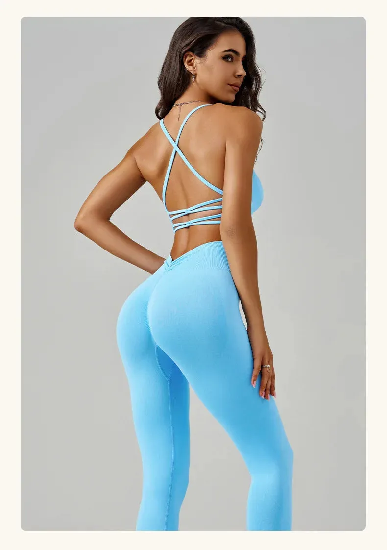 2 Piece Seamless Yoga Set Women Sports Outfit Crisscross Back Bra Fitness Suit High Waist Leggings Running Workout Tracksuit