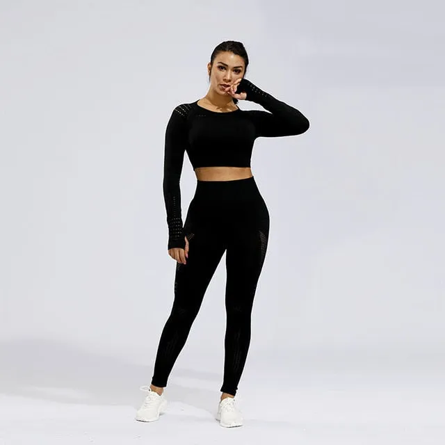 2 Piece Sports Yoga Gym Fitness Athletic Pants Sportswear Leggings Long Sleeve Seamless Sports Hollow Out Top Set