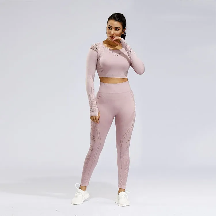 2 Piece Sports Yoga Gym Fitness Athletic Pants Sportswear Leggings Long Sleeve Seamless Sports Hollow Out Top Set