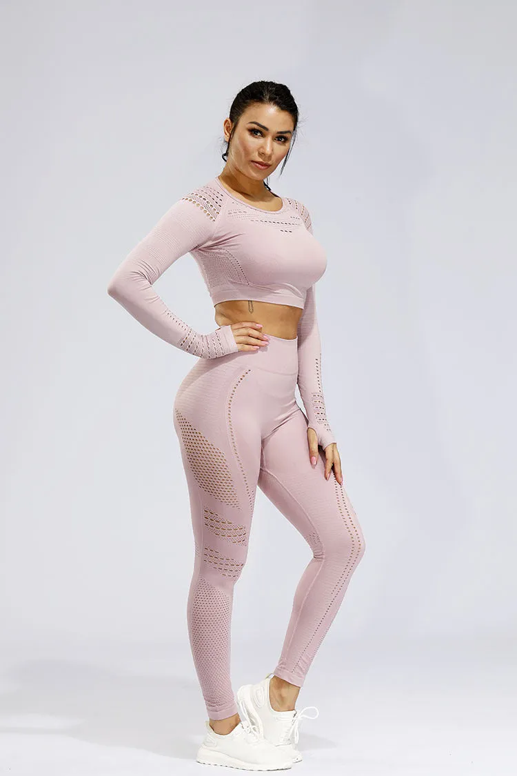 2 Piece Sports Yoga Gym Fitness Athletic Pants Sportswear Leggings Long Sleeve Seamless Sports Hollow Out Top Set