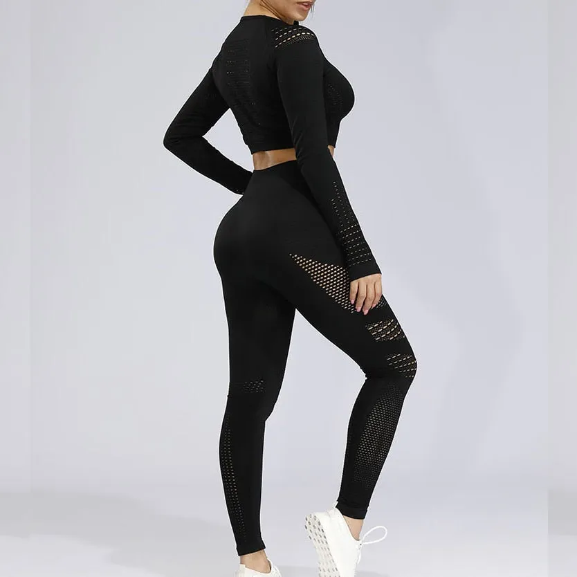 2 Piece Sports Yoga Gym Fitness Athletic Pants Sportswear Leggings Long Sleeve Seamless Sports Hollow Out Top Set