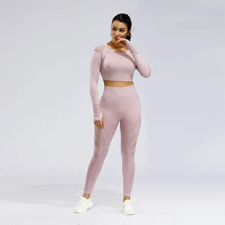 2 Piece Sports Yoga Gym Fitness Athletic Pants Sportswear Leggings Long Sleeve Seamless Sports Hollow Out Top Set