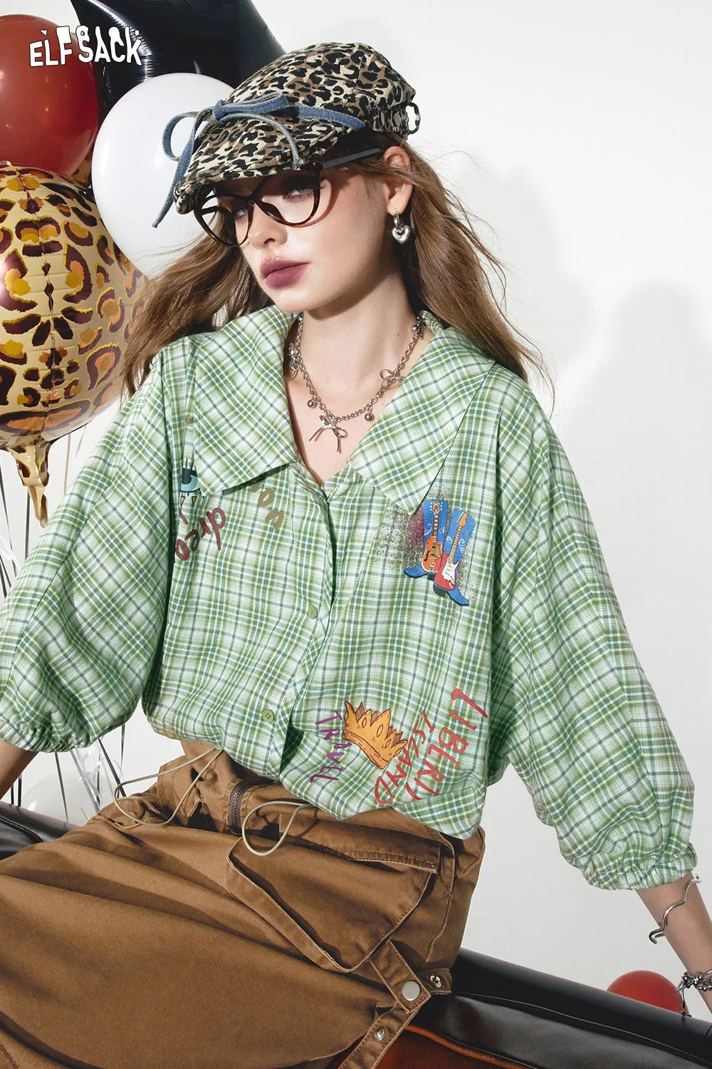 2024 Summer ELFSACK New Arrivals Green plaid sweet retro lantern sleeves printed niche loose plaid shirt for women