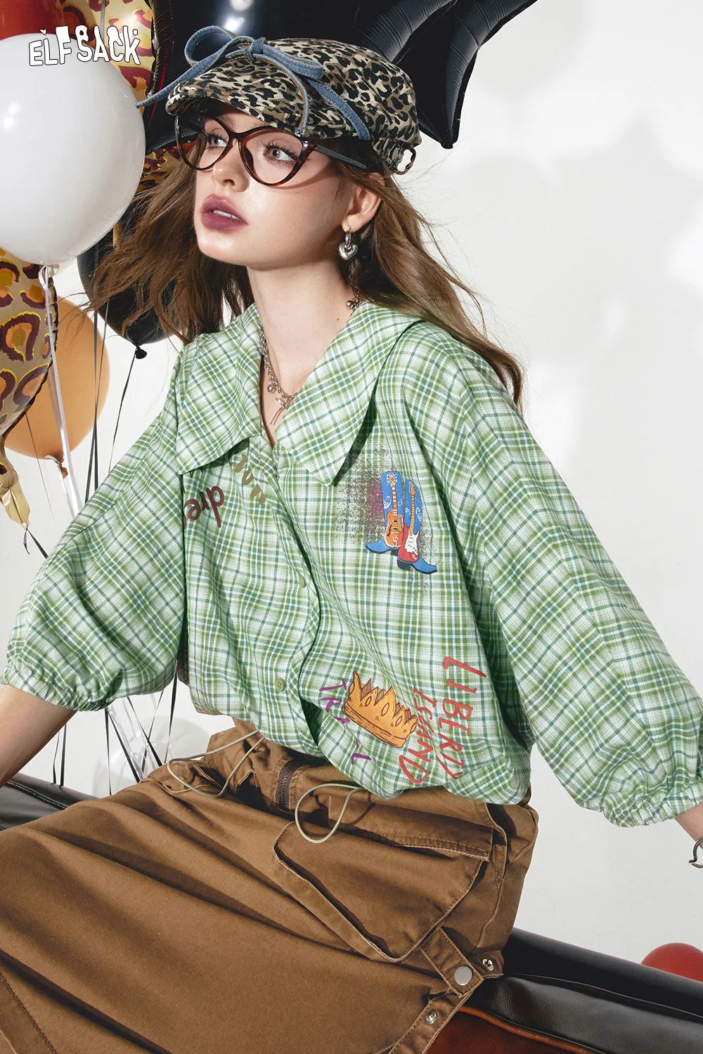 2024 Summer ELFSACK New Arrivals Green plaid sweet retro lantern sleeves printed niche loose plaid shirt for women