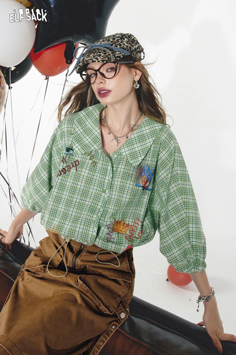 2024 Summer ELFSACK New Arrivals Green plaid sweet retro lantern sleeves printed niche loose plaid shirt for women