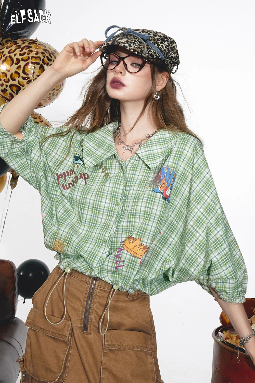 2024 Summer ELFSACK New Arrivals Green plaid sweet retro lantern sleeves printed niche loose plaid shirt for women