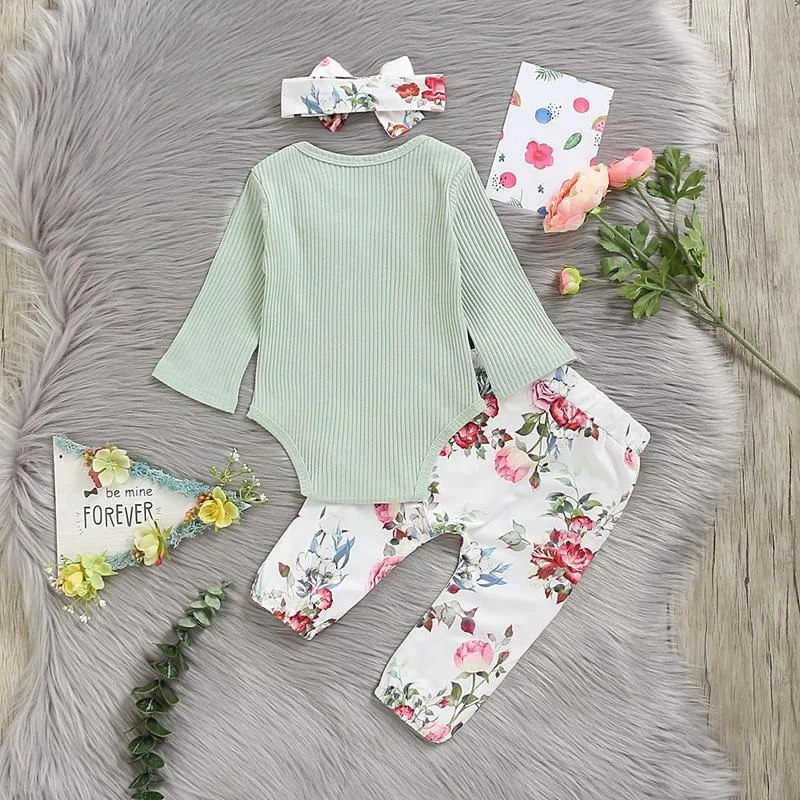 3-piece Solid Bodysuit & Floral Printed Pants & Headband for Baby Girl