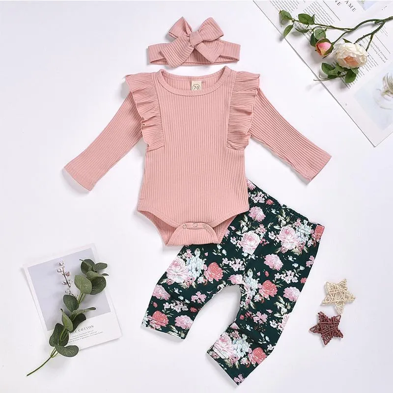 3-piece Solid Ruffle Bodysuit & Floral Printed Pants & Headband for Baby Girl Wholesale children's clothing