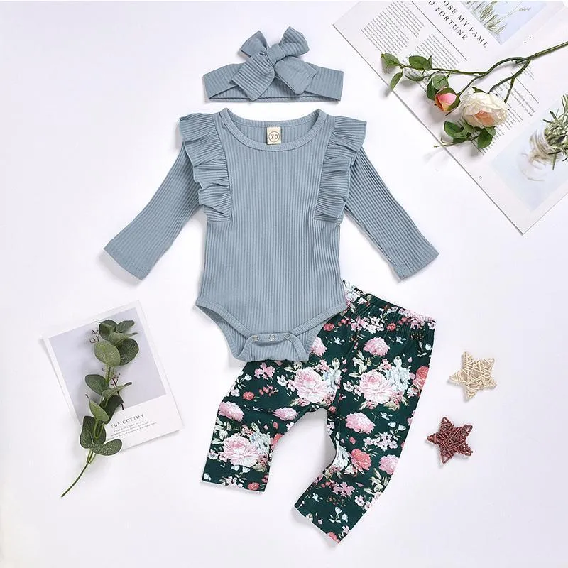 3-piece Solid Ruffle Bodysuit & Floral Printed Pants & Headband for Baby Girl Wholesale children's clothing