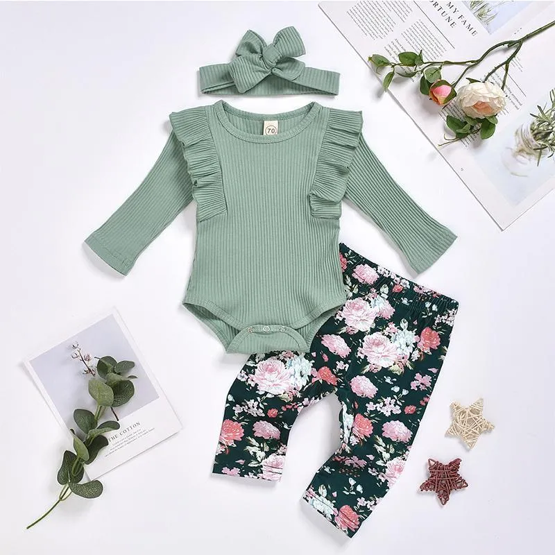 3-piece Solid Ruffle Bodysuit & Floral Printed Pants & Headband for Baby Girl Wholesale children's clothing