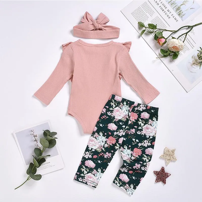 3-piece Solid Ruffle Bodysuit & Floral Printed Pants & Headband for Baby Girl Wholesale children's clothing