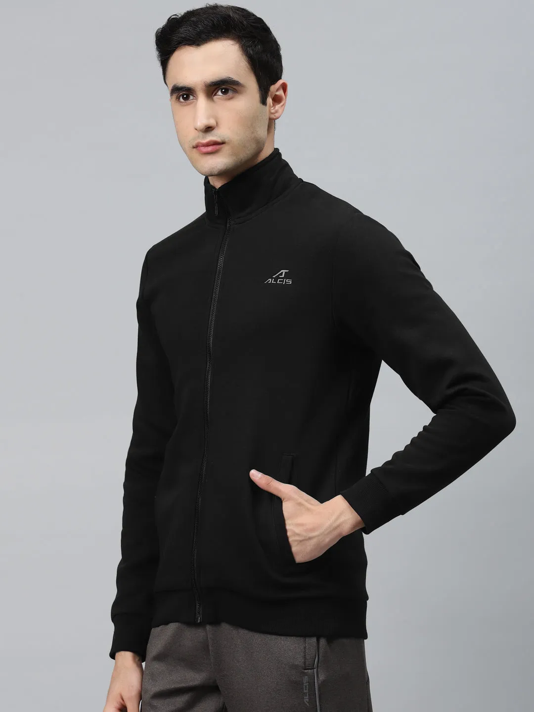 Alcis Men Black Solid Open-Front Sweatshirt