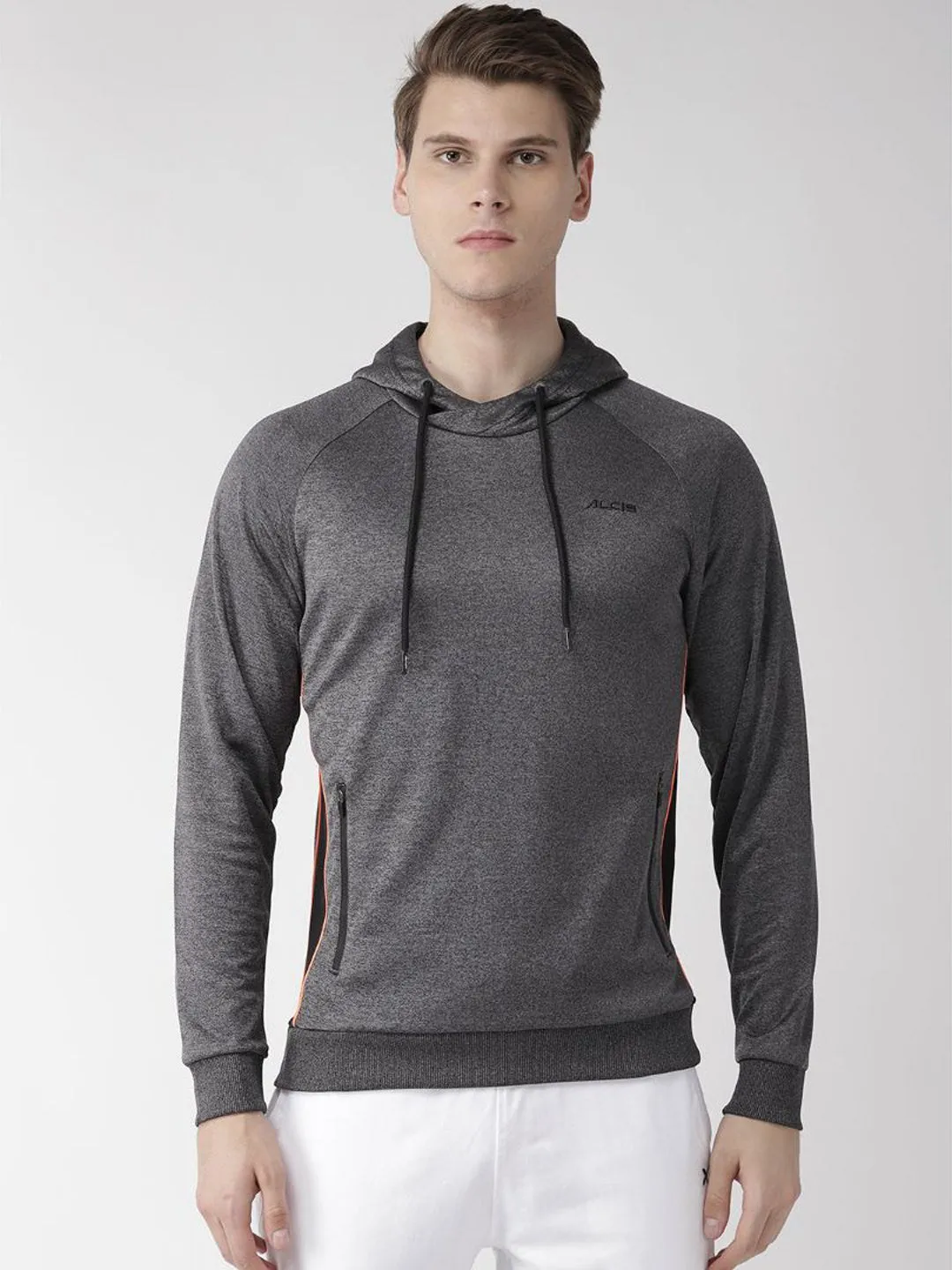 Alcis Men Charcoal Grey Solid Hooded Sports Sweatshirt