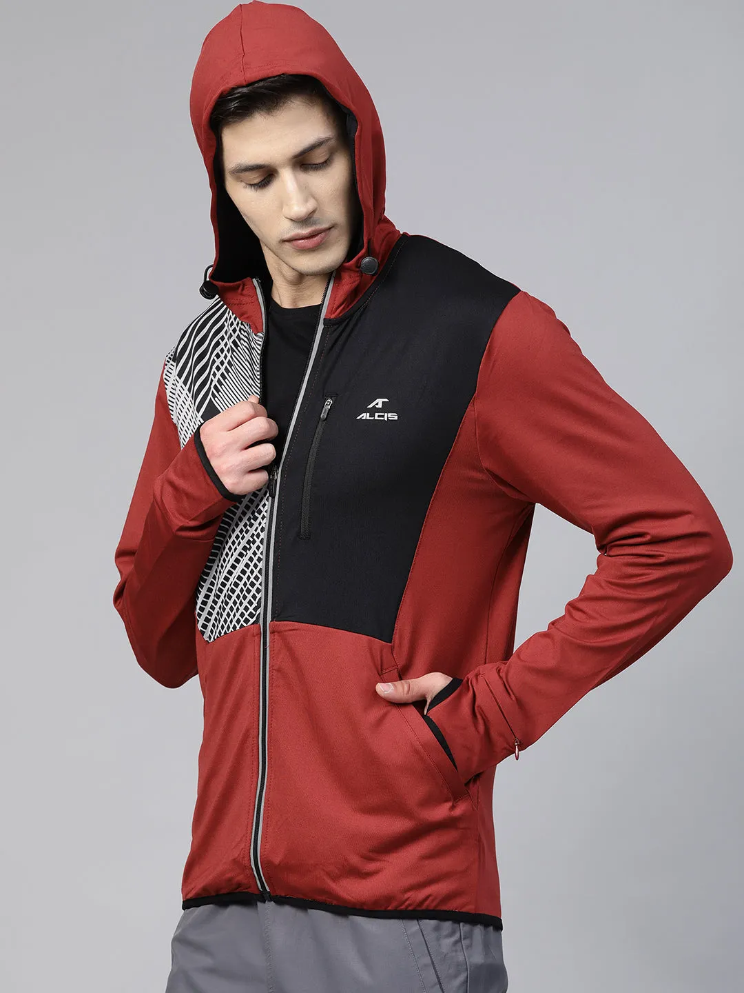 Alcis Men Rust Red Black Printed Hooded Training Jacket