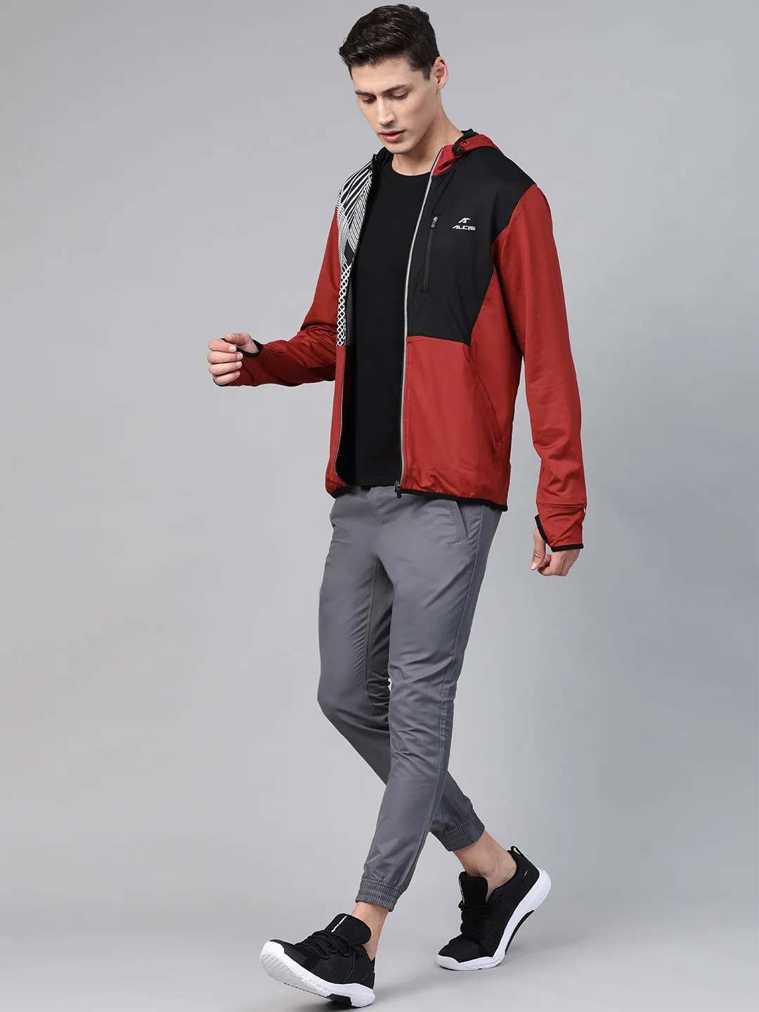 Alcis Men Rust Red Black Printed Hooded Training Jacket