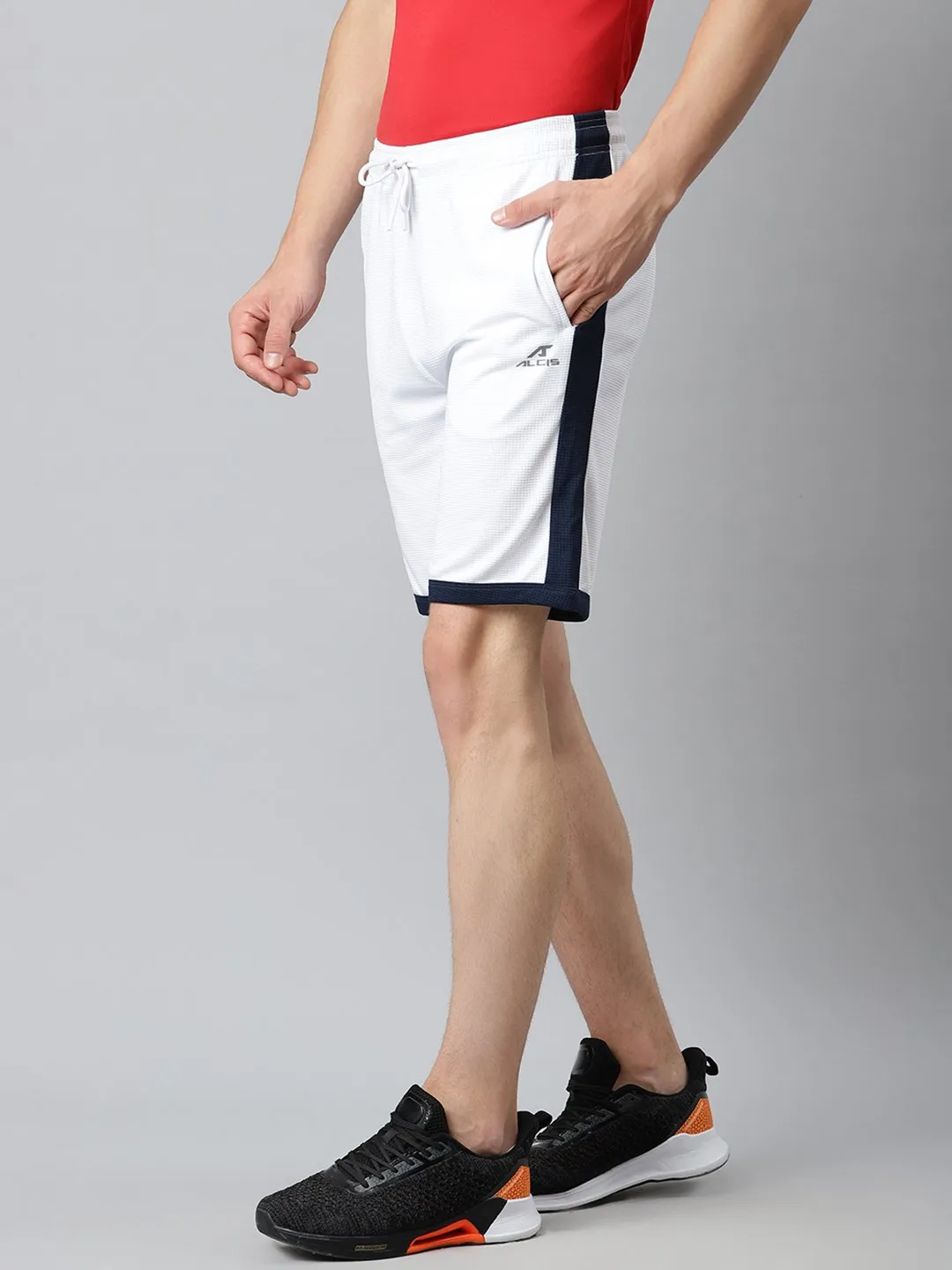 Alcis Men White Black Solid Slim Fit Mid-Rise Sports Shorts