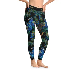 Blue Peacock Leggings Women Embroidered Print Leggings Casual Wear Spandex Leggings Best Gift for Peacock Lovers | D20029