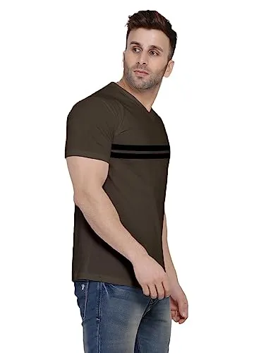 COTTON High Density Men's Cotton Striped Regular Fit V Neck Half Sleeve Casual T-Shirt for Daily use Olive