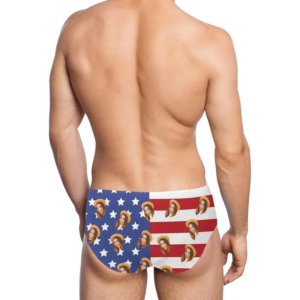 Custom Face American Flag Stars Men's Swim Shorts Personalized Triangle Swim Briefs Men's Knee Surf Shorts Funny Swim Trunks for Holiday