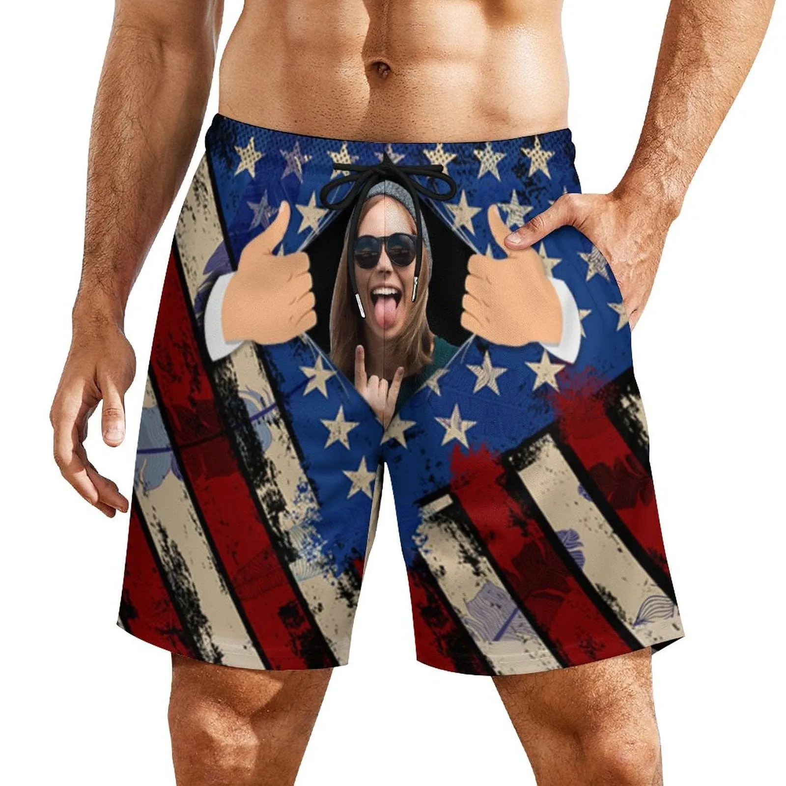 Custom Face Open It Flag Style Men's Quick Dry 2 in 1 Surfing & Beach Shorts Male Gym Fitness Shorts