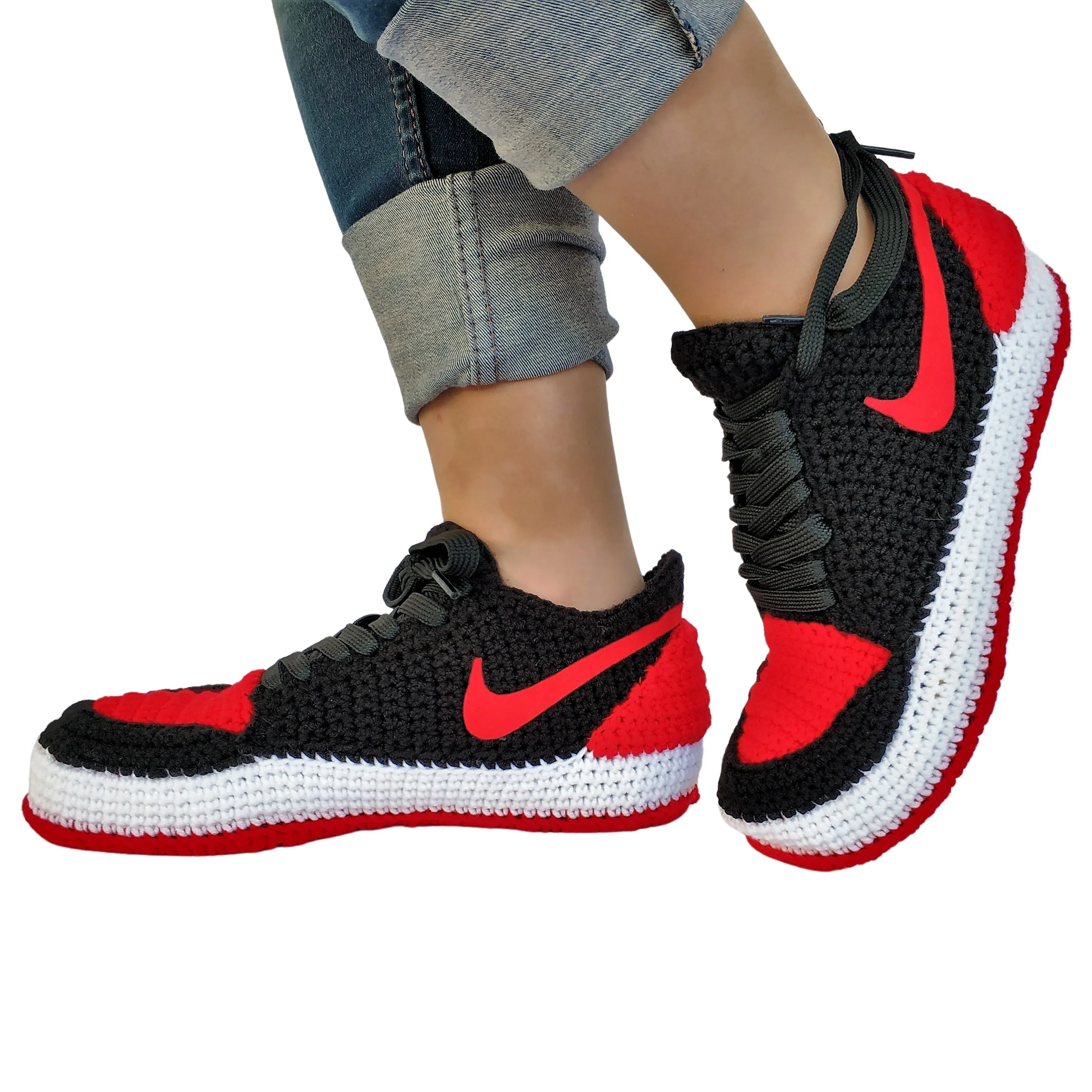 Custom Handmade Crochet Low Top Jordan Slippers Women Men Indoor Soft Warm Comfortable Sneakers