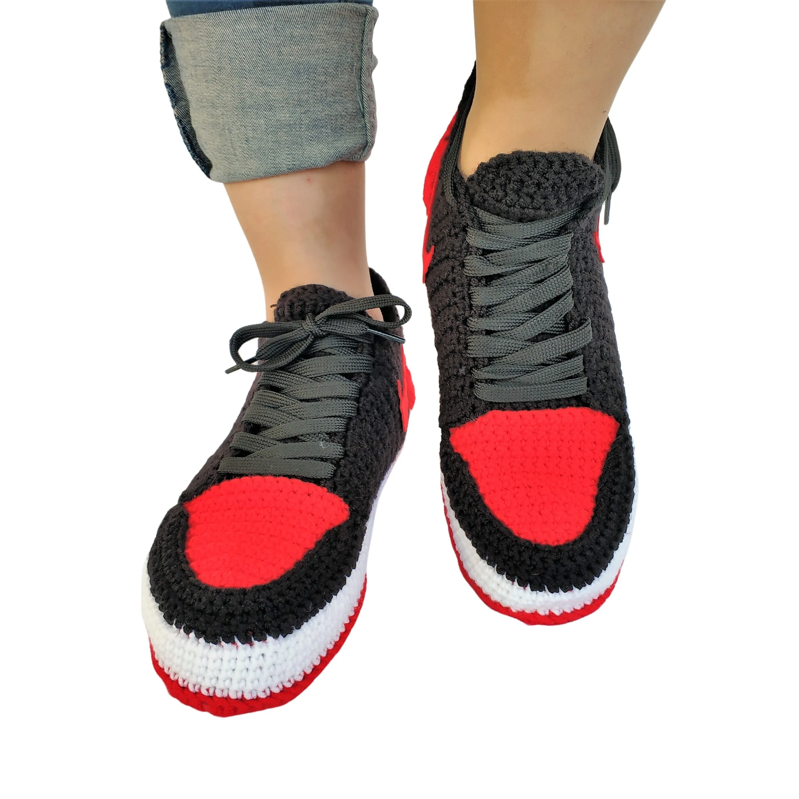 Custom Handmade Crochet Low Top Jordan Slippers Women Men Indoor Soft Warm Comfortable Sneakers