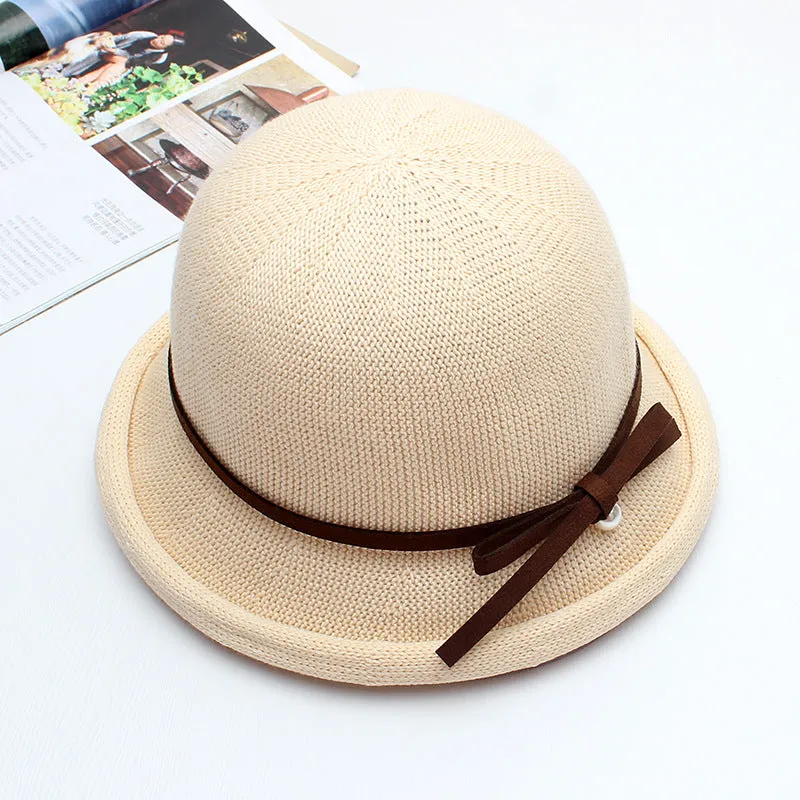 Dome curling pot hat female summer wild Western-style knitted bow pearl sun hat fisherman hat breathable cool hat