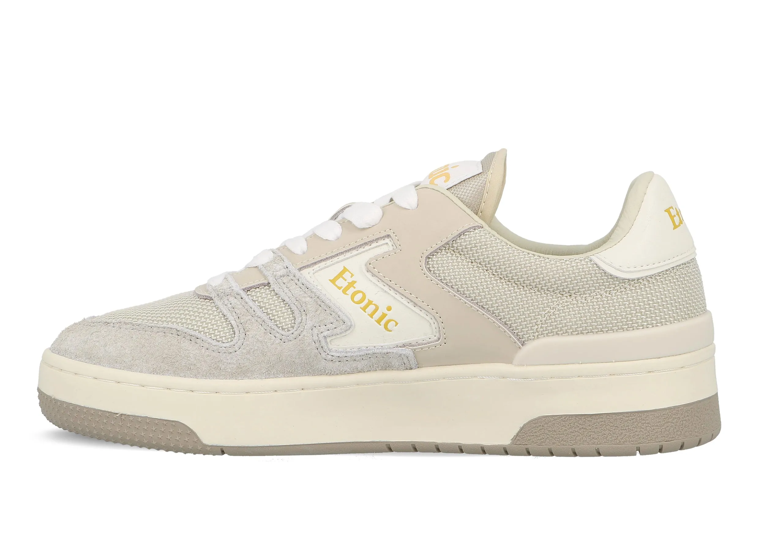 Etonic B481 sneakers in beige mesh fabric, grey furry suede with multi-layer off white leather inserts, white midsole and light honey bottom outsole.