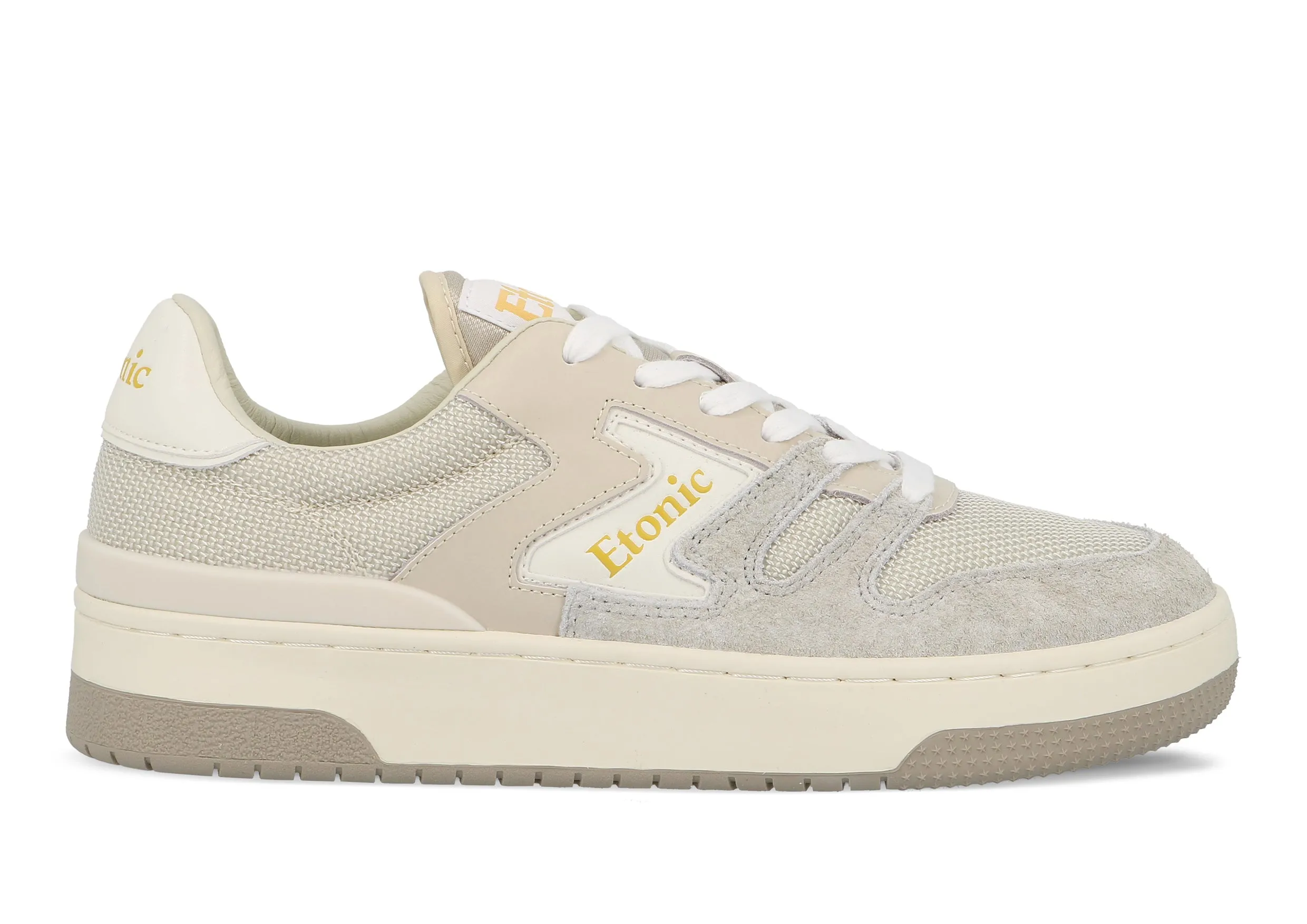 Etonic B481 sneakers in beige mesh fabric, grey furry suede with multi-layer off white leather inserts, white midsole and light honey bottom outsole.