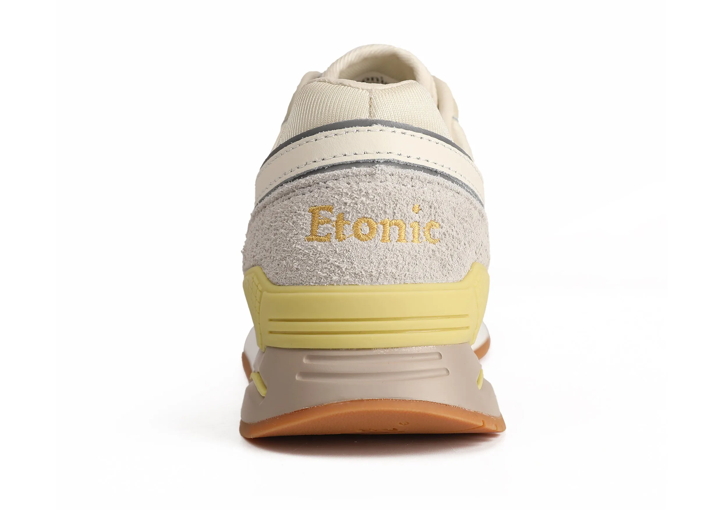 Etonic Stable Base sneakers in beige mesh fabric, grey furry suede with multi-layer off white leather inserts, white midsole and light honey bottom outsole.