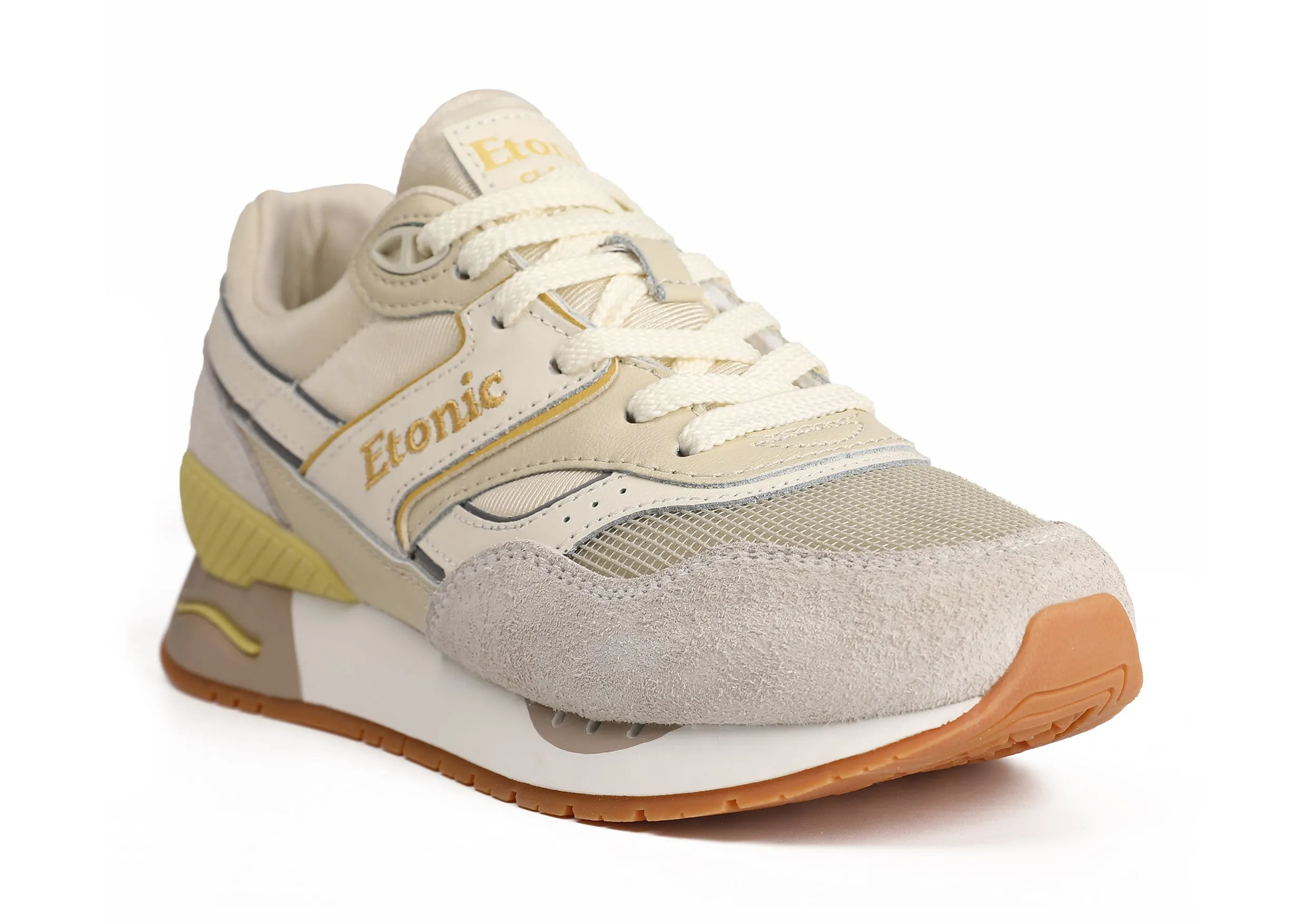 Etonic Stable Base sneakers in beige mesh fabric, grey furry suede with multi-layer off white leather inserts, white midsole and light honey bottom outsole.