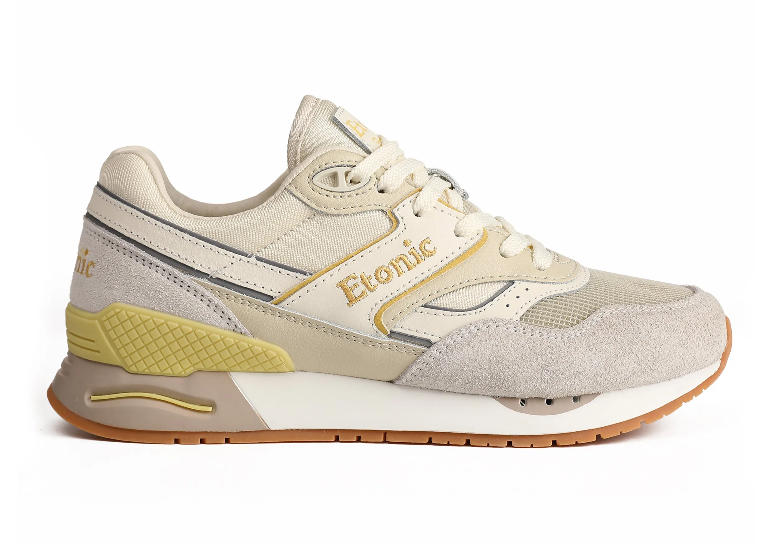 Etonic Stable Base sneakers in beige mesh fabric, grey furry suede with multi-layer off white leather inserts, white midsole and light honey bottom outsole.