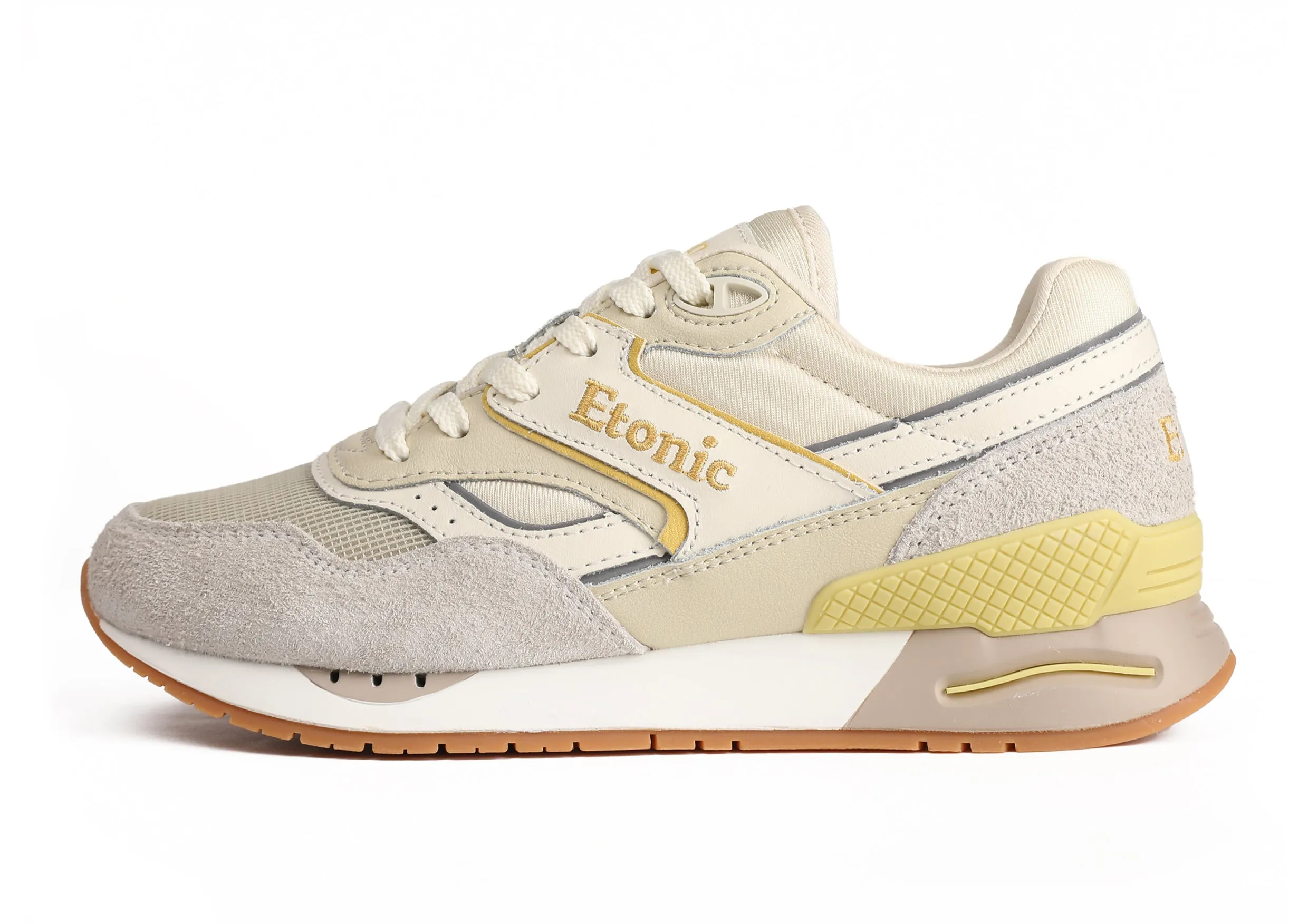 Etonic Stable Base sneakers in beige mesh fabric, grey furry suede with multi-layer off white leather inserts, white midsole and light honey bottom outsole.