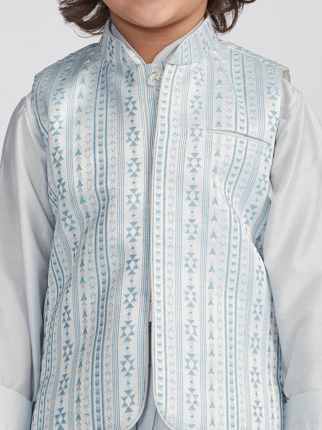 Jashvi Boys' Aqua Jacket,Kurta And Pyjama Set.