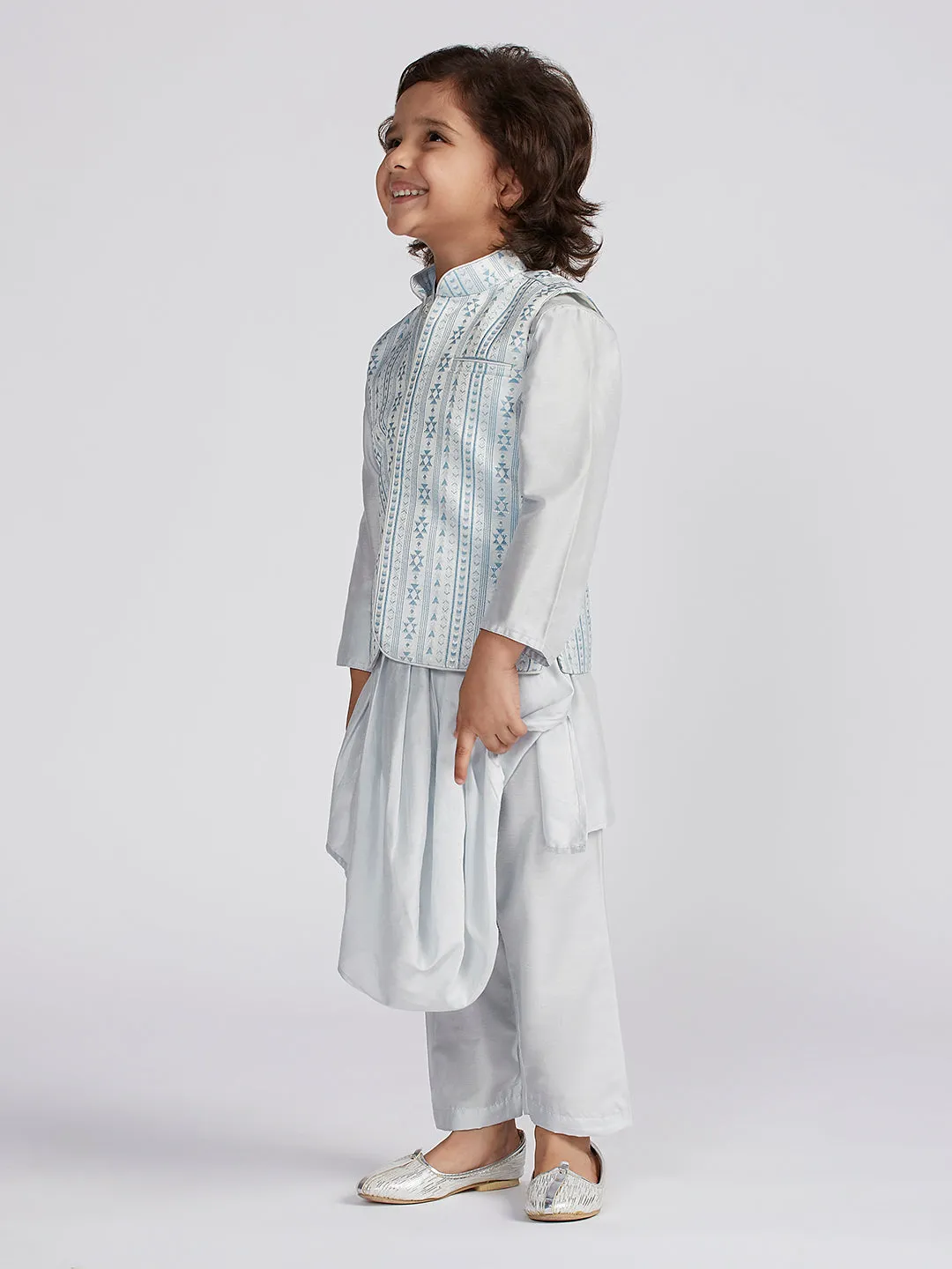 Jashvi Boys' Aqua Jacket,Kurta And Pyjama Set.