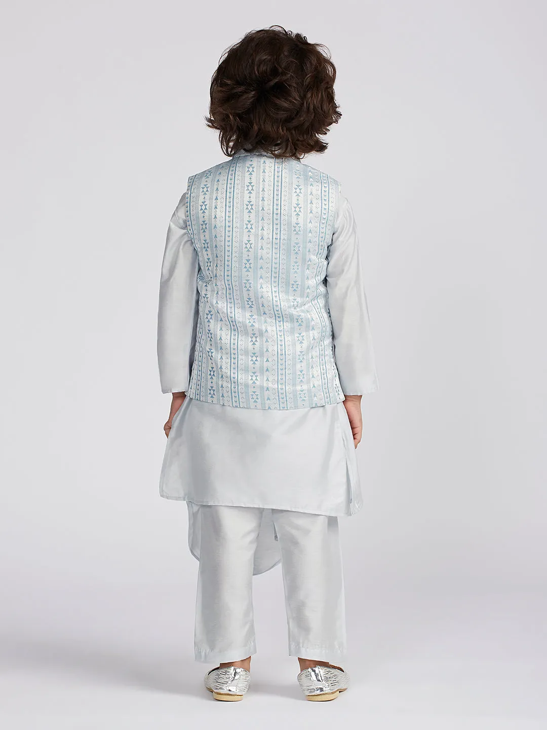 Jashvi Boys' Aqua Jacket,Kurta And Pyjama Set.