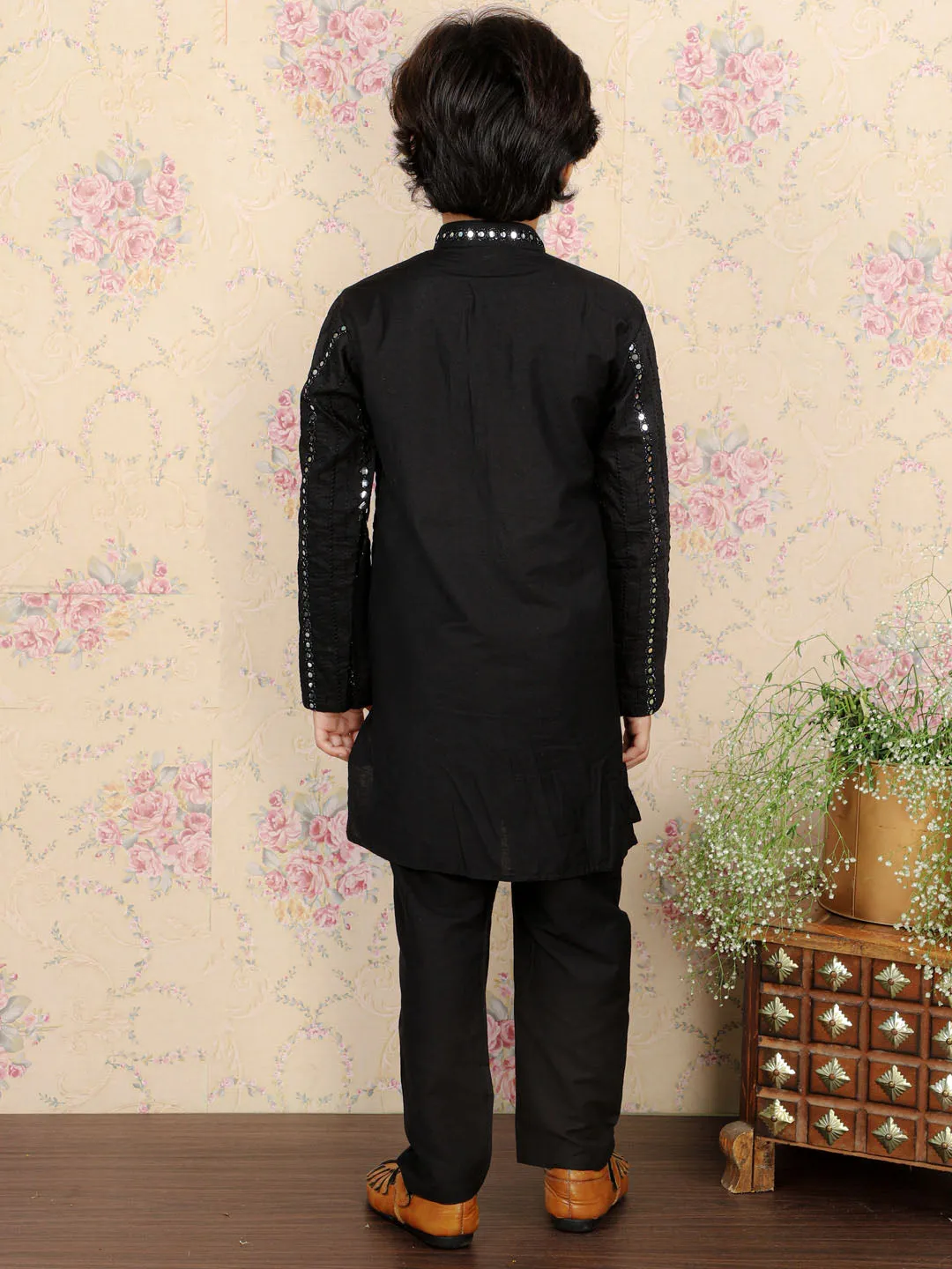 Jashvi Boys Black Embroidered Vertical Mirror Work Kurta With Pyjama Set