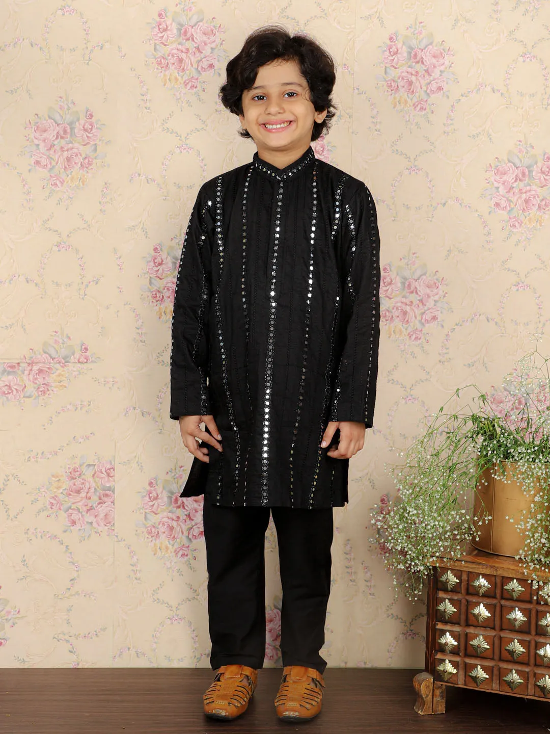 Jashvi Boys Black Embroidered Vertical Mirror Work Kurta With Pyjama Set