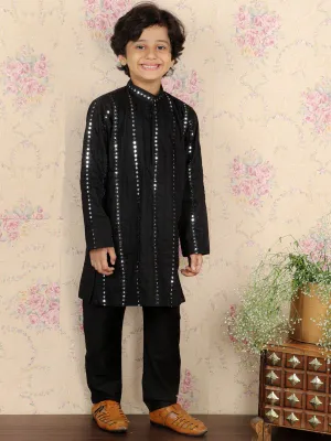 Jashvi Boys Black Embroidered Vertical Mirror Work Kurta With Pyjama Set