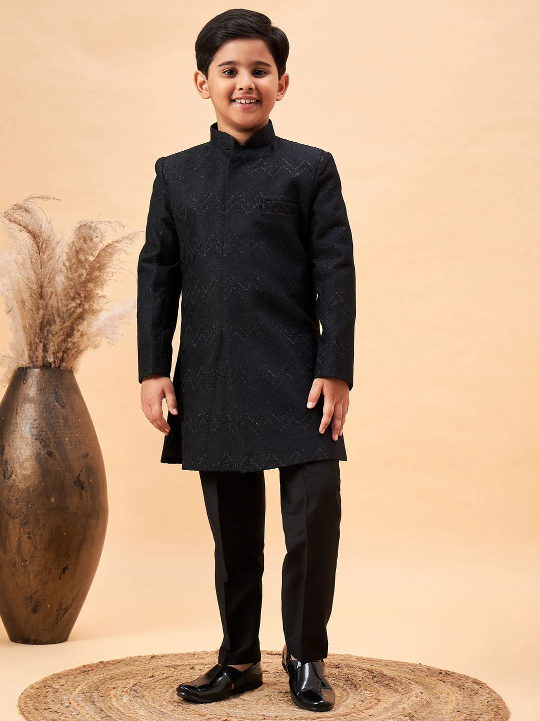 Jashvi Boy's Black Glitter Indo Western Sherwani Set