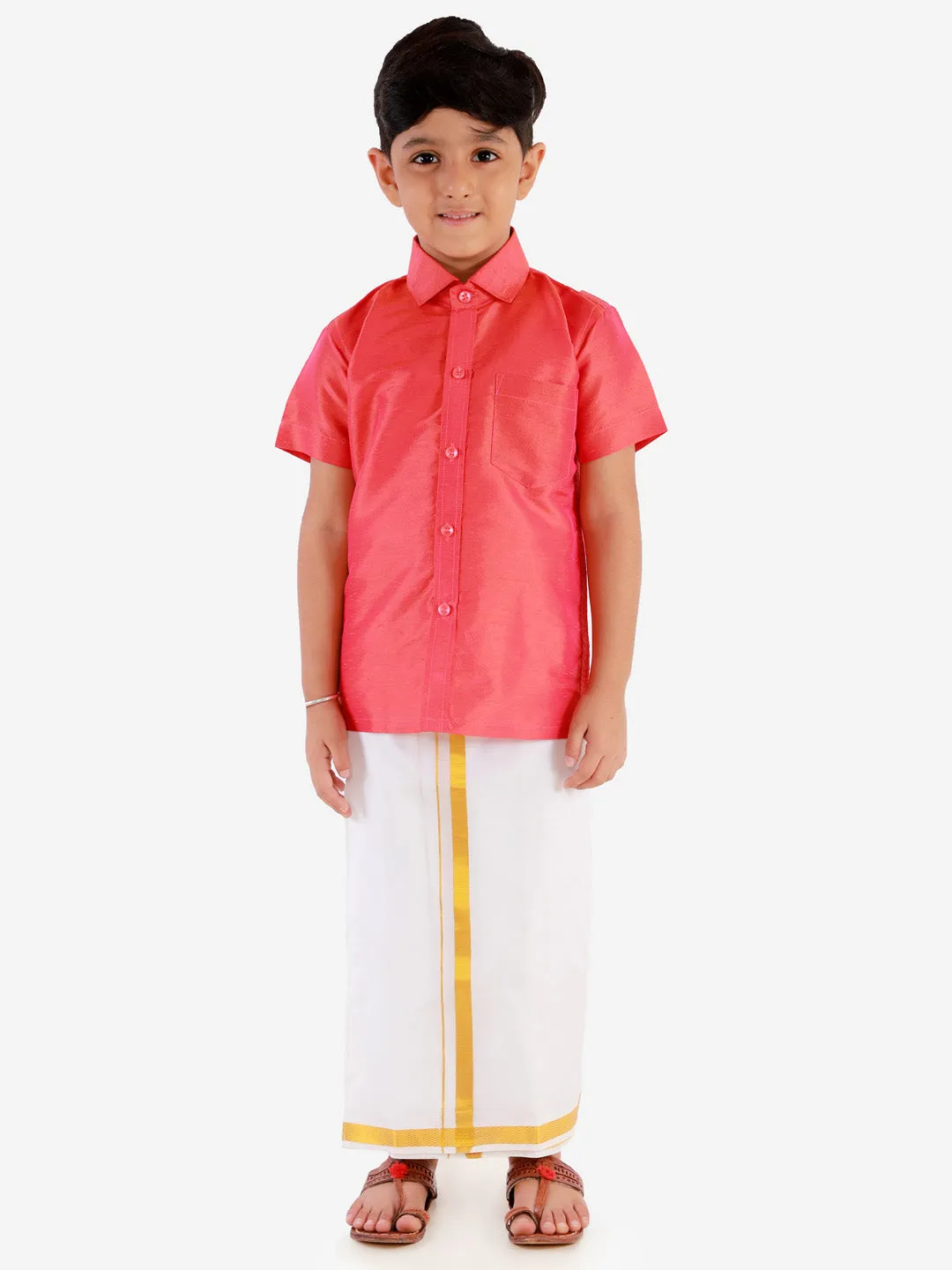 Jashvi Boys' Candy Red Silk Short Sleeves Ethnic Shirt Mundu Vesty Style Dhoti Pant Set