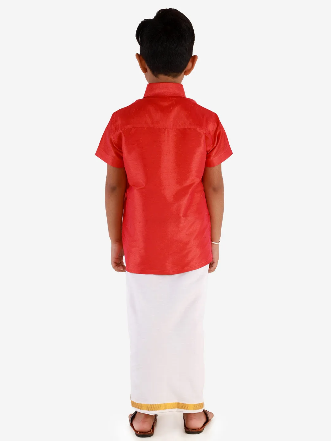 Jashvi Boys' Candy Red Silk Short Sleeves Ethnic Shirt Mundu Vesty Style Dhoti Pant Set