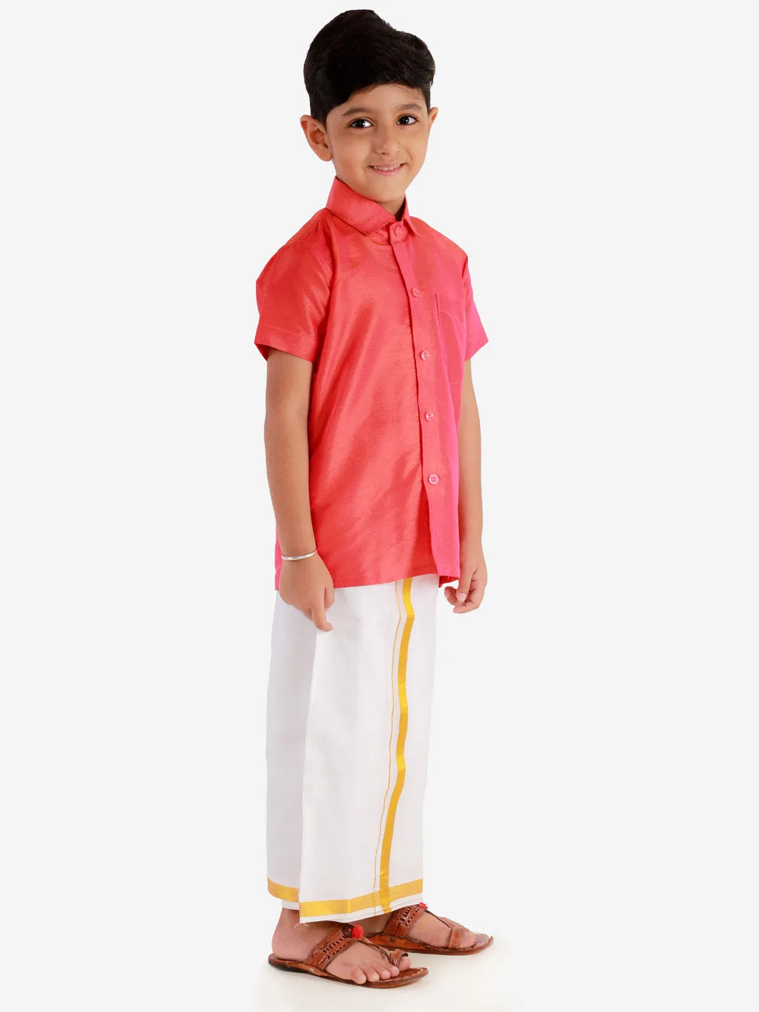 Jashvi Boys' Candy Red Silk Short Sleeves Ethnic Shirt Mundu Vesty Style Dhoti Pant Set