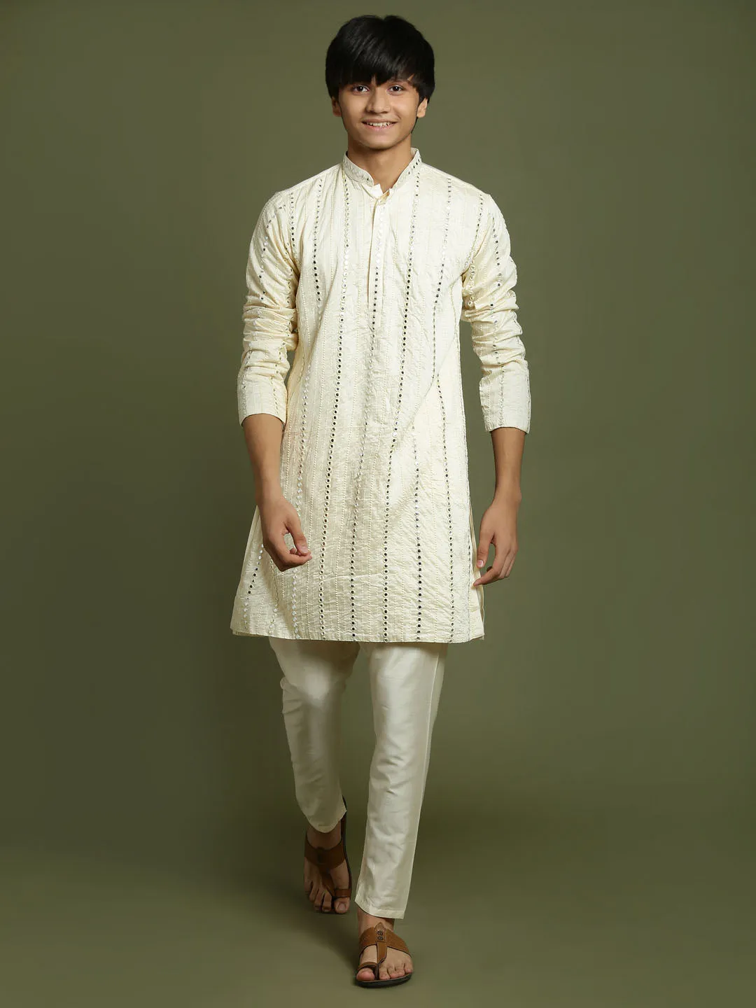 Jashvi Boys Cream Embroidered Vertical Mirror Work Kurta With Pyjama Set