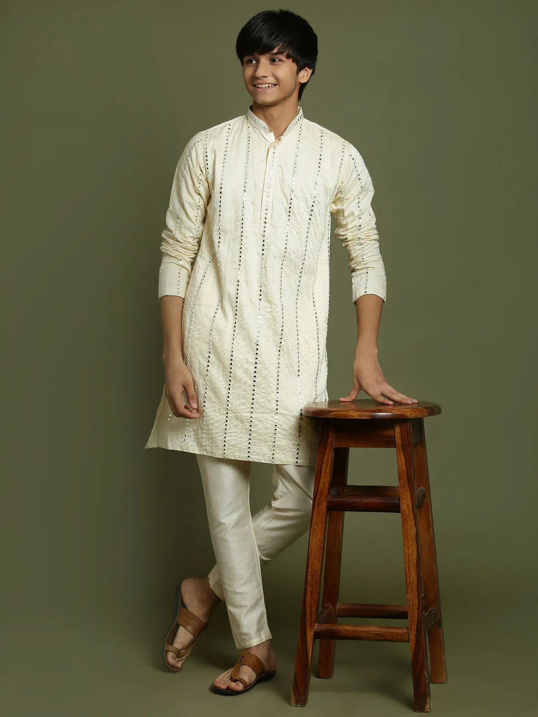 Jashvi Boys Cream Embroidered Vertical Mirror Work Kurta With Pyjama Set